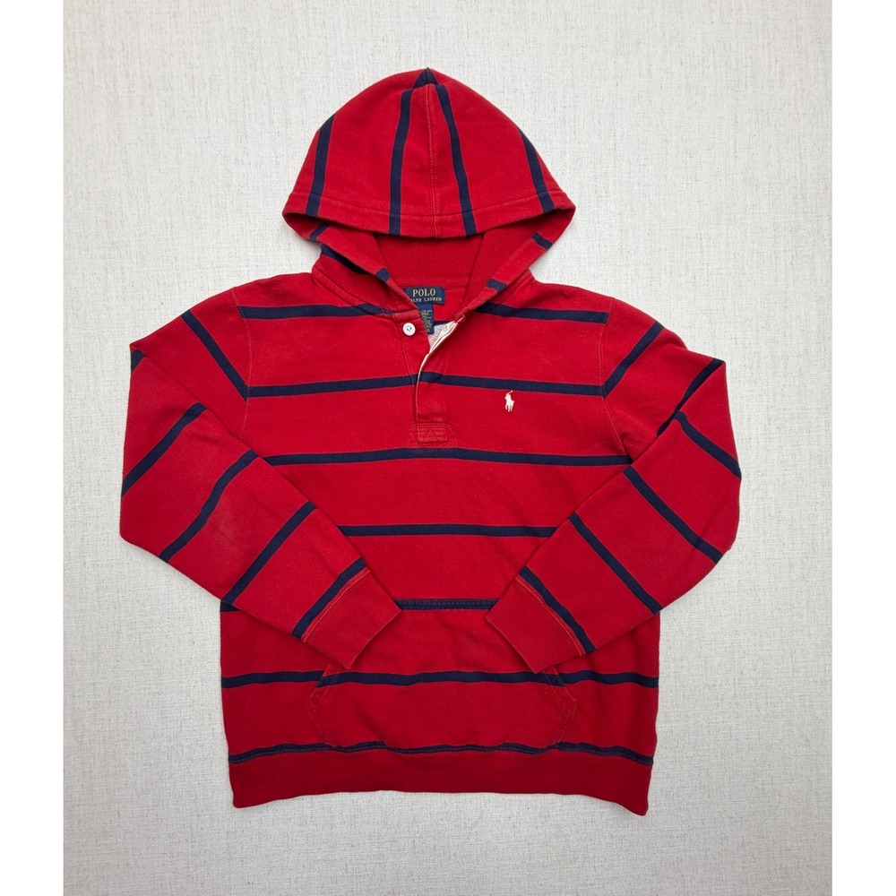 Polo Ralph Lauren Boys XL 18-20 Red Navy Striped Rugby Hoodie Sweatshirt
